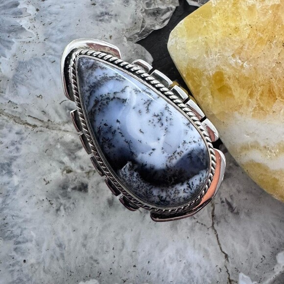Sterling Southwestern Style Elongated Teardrop Dendrite Agate Ring Size 9.25 - Picture 1 of 10